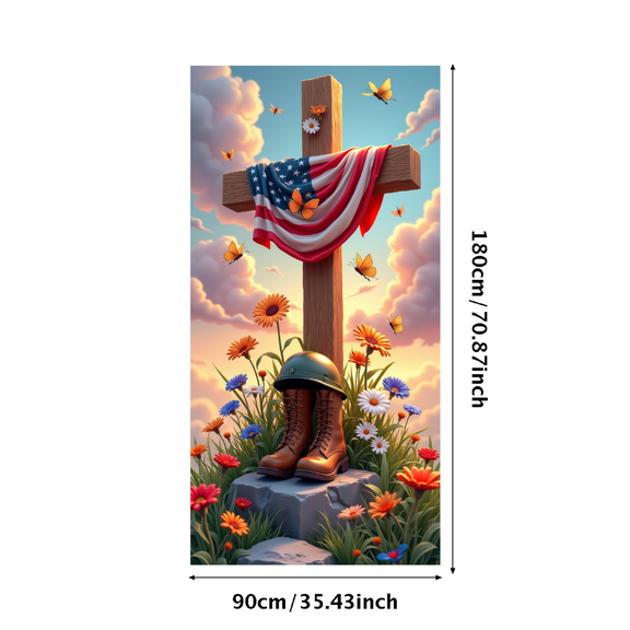 Decorative Design Memorial Day Banner Patriotic Theme Remembrance Decoration Cross Military Boots for Outdoor Event Memorial Service Patriotic Celebration
