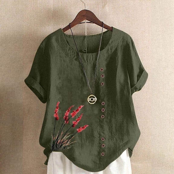 QUNYINEY Crew Neck Tshirts Shirts for Women Casual Short Sleeve Floral Tops Pullover Cotton Linen Loose Button Shirts