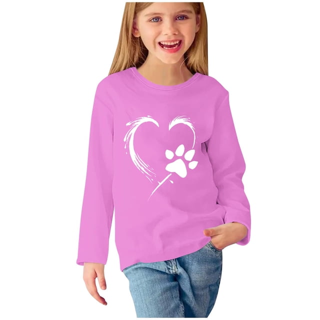 Huvoen Tee-Shirt à Manches Longues pour Filles Blouses & Chemises à Col Rond Manches Longues Imprimés Mignons Col Rond Hauts Blouses Décontractées Habillées Vêtements Roses 7 Ans