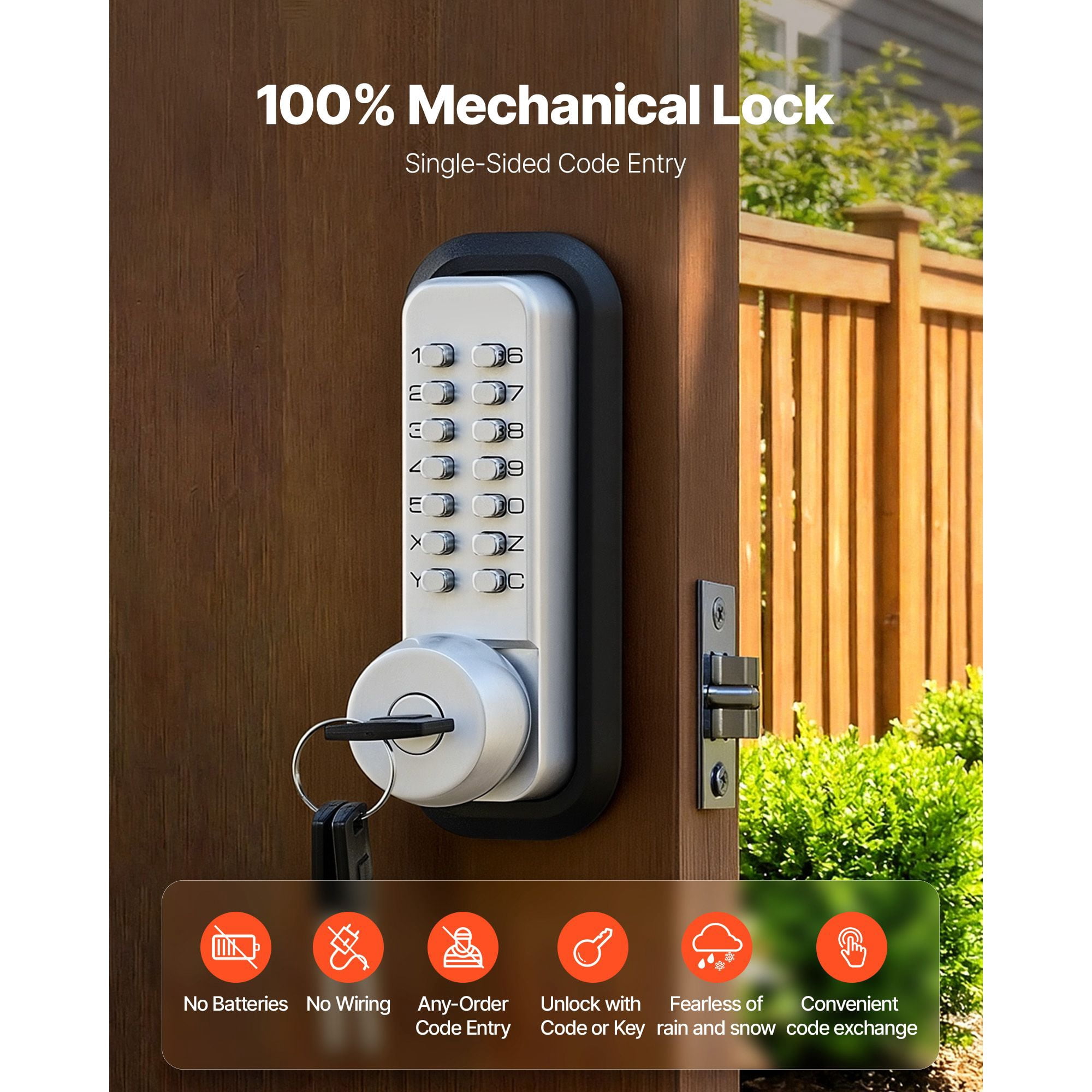 Mechanical Keyless Door Lock Gen2 Single-Sided 4-7 Digit Code No Batteries Cuttable Spindle for Front Gate Garden Garage