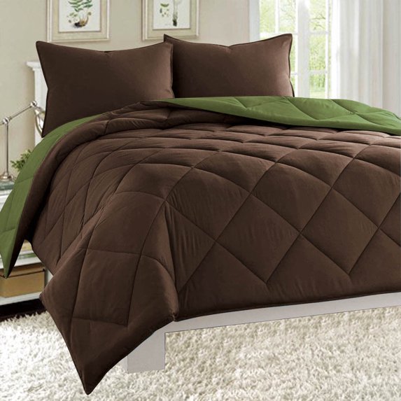 Dayton Twin Size 2-Piece Reversible Comforter Set Soft Brushed Microfiber Quilted Bed Cover Brown & Sage Green