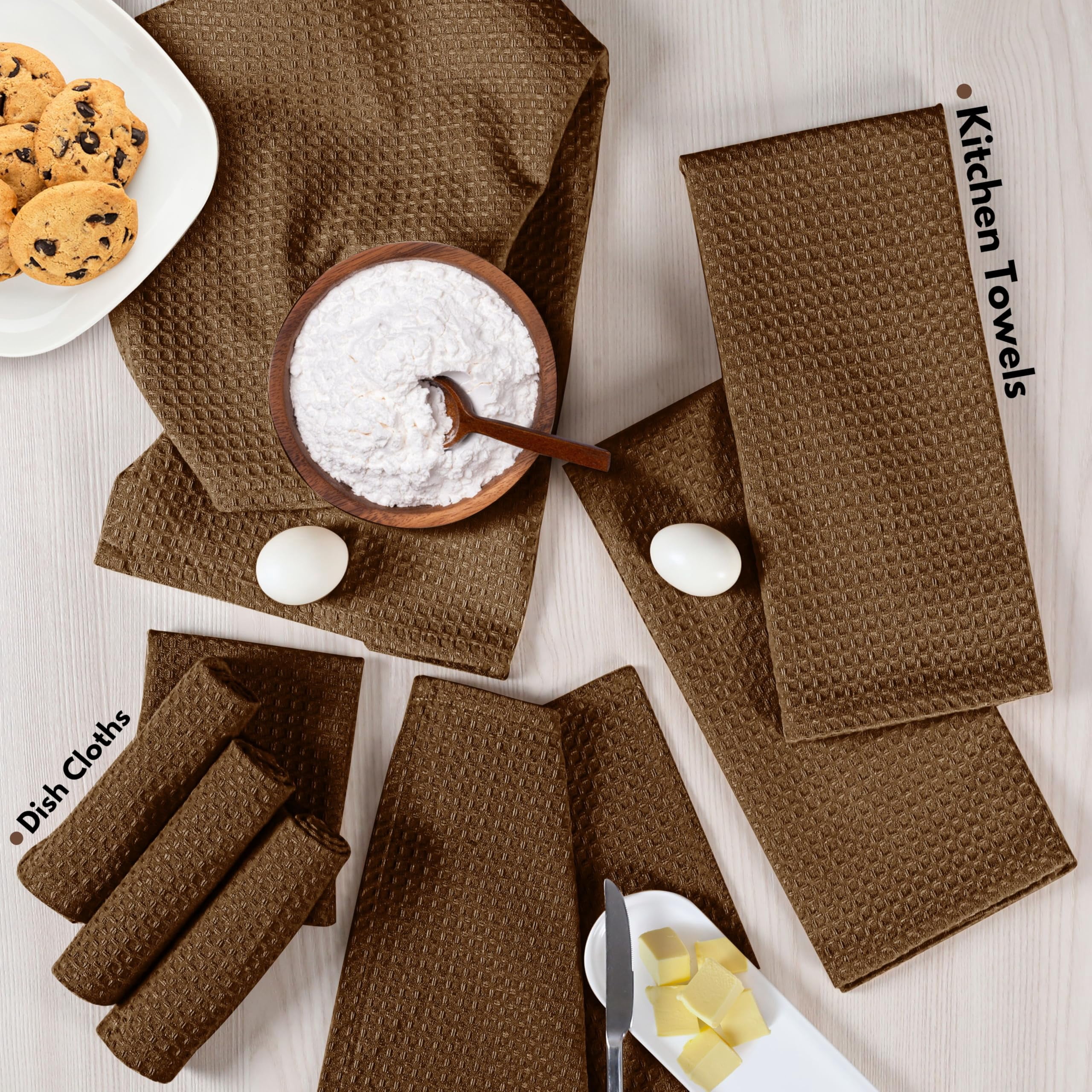 Native Fab Cotton Dish Towel & Dishcloths 8 Piece Set - Soft, Absorbent, Durable, Washable, Fast Drying Towels for Cleaning, Cooking, Baking - Ideal for Home, Kitchen, BBQ & Outdoor Use - Brown