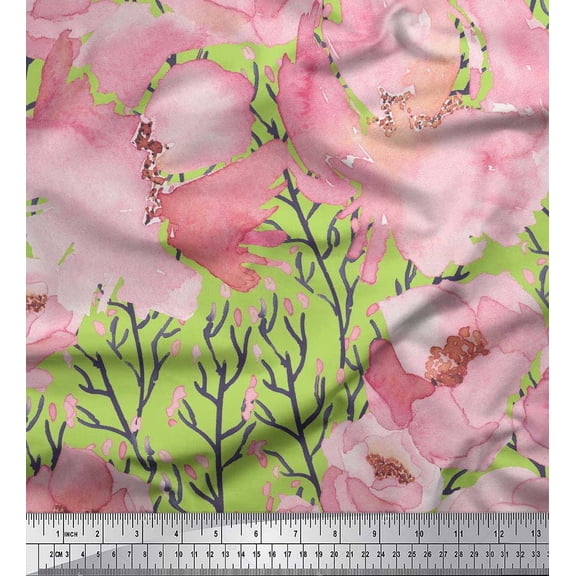 Soimoi Green Silk Fabric Branch & Peach Flower Watercolor Printed Fabric 1 Yard 42 Inch Wide