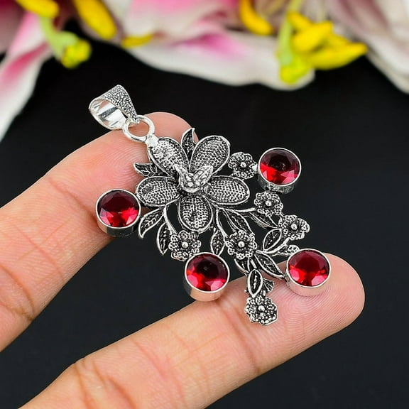 Mozambique Garnet Gemstone 925 Sterling Silver Jewelry Pendant 2.56"
