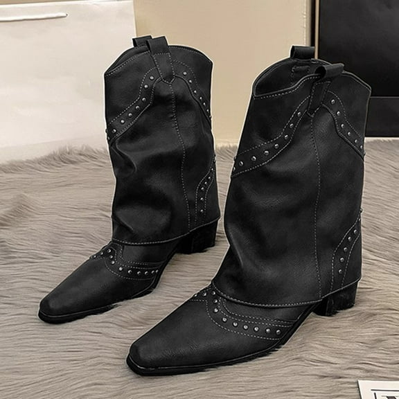 Bnwani Women Boots Fashion Denim Knee-High Versatile Casual Western Knight Boot Black Size 5.5