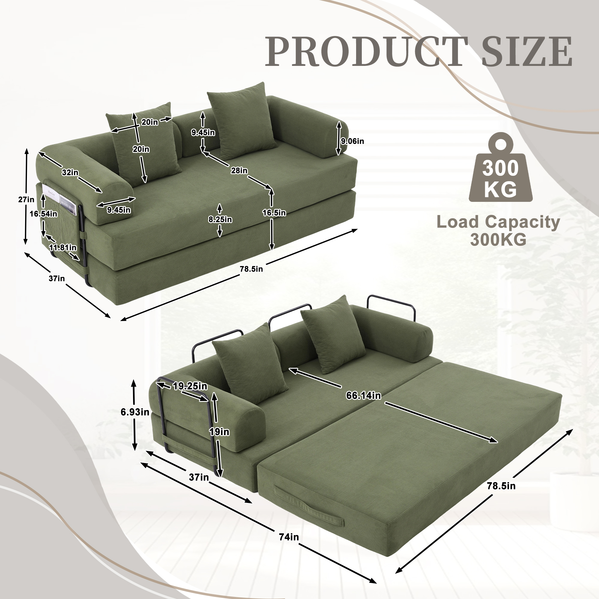 MOONMISS Corduroy Upholstered Modern Comfort Foldable Compressible Sofa Bed with Sturdy Metal Frame-Olive Green