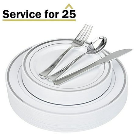 Stock Your Home Elegant 125 Piece Silver Rim Plastic Place Setting Set with Silverware - Solid, Disposable & Heavy-duty Includes: 25 Dinner Plates, 25 Dessert Plates, 25 Forks, 25 Knives, 25 Spoons