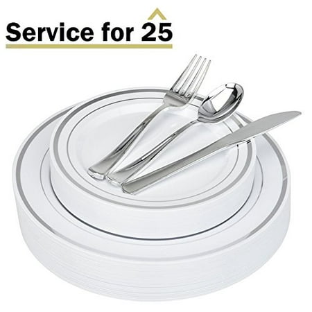 Silverware Place Settings Stock Your Home Elegant 125 Piece Silver Rim Plastic Place Setting Set with Silverware - Solid, Disposable & Heavy-duty Includes: 25 Dinner Plates, 25 Dessert Plates, 25 Forks, 25 Knives, 25 Spoons ()