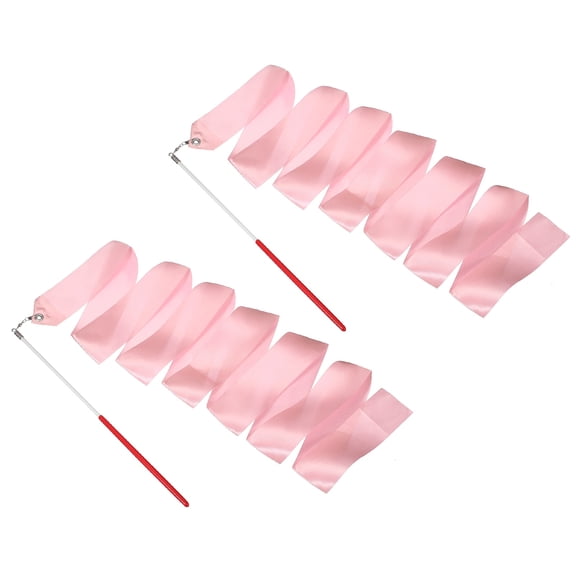 Uxcell 2 Pcs Dance Ribbons, 78.7 Inch Gymnastics Ribbon Streamers with Red Wand for Gymnastics Artistic, Light Pink