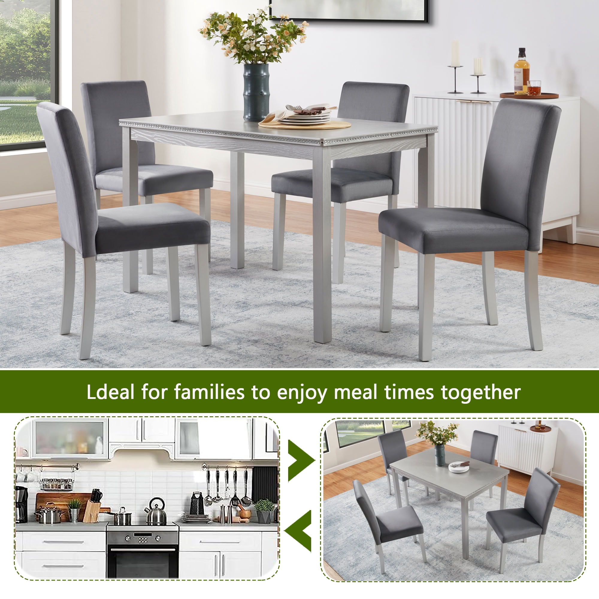 MAYEERTY 5-Piece Wooden Dining Table Set with 4 Upholstered Chairs for Kitchen Dining Room, Silver Grey
