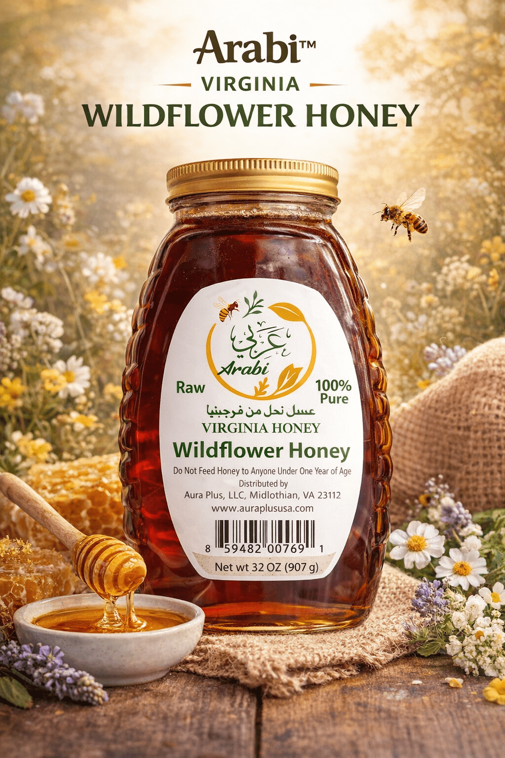 Arabi Raw Virginia Wildflower Honey 100% Pure 32 oz 907 g Natural with Rich Floral Taste Health Boosting Properties Vegan Syrup