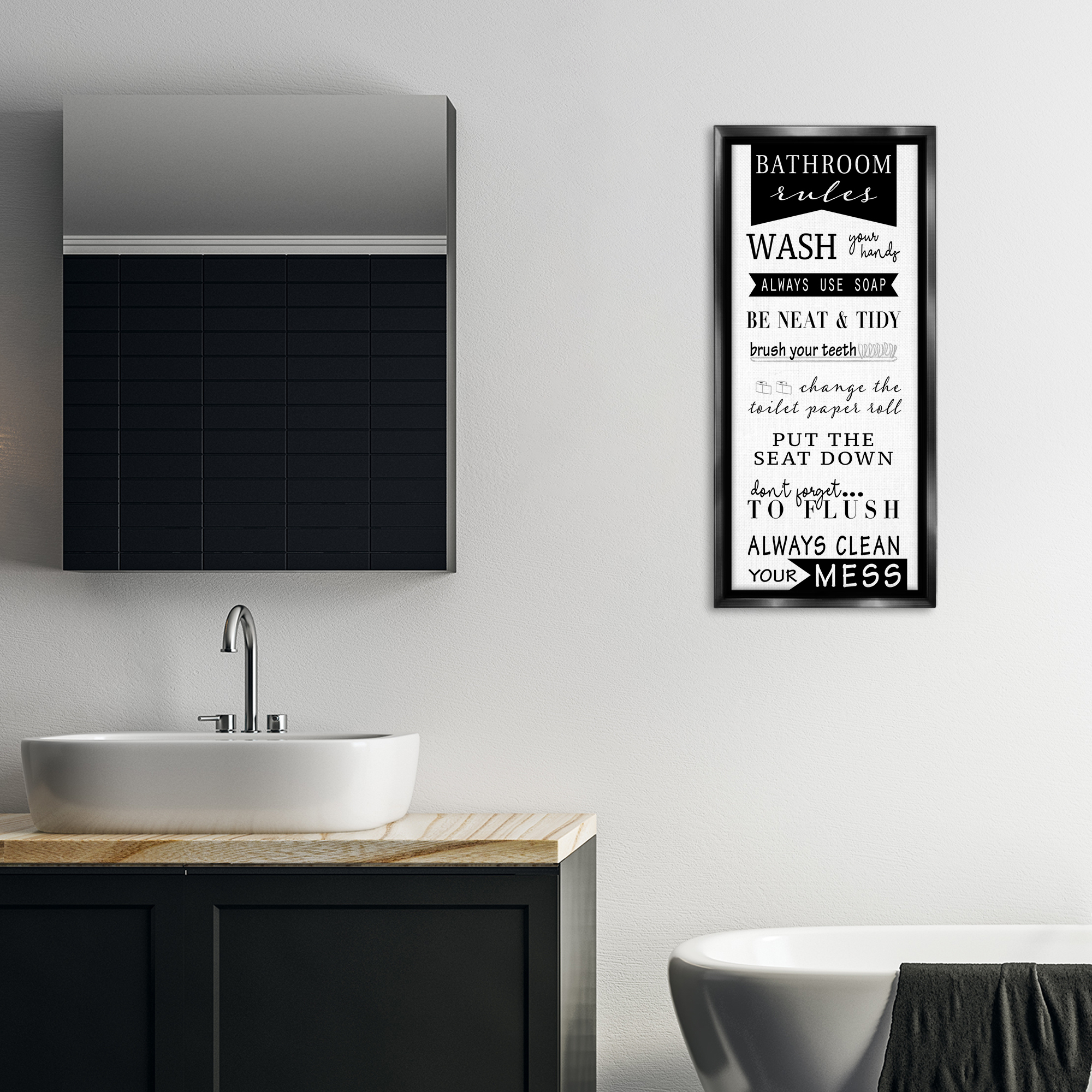 Stupell Industries Black Bathroom Rules Typography Painting Black Floater Framed Canvas Art Print Wall Art, 15 x 31