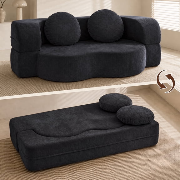 Walsunny Convertible Boneless Sofa Bed, 2-in-1 Foldable Floor Couch with Two Foam Pillows, Comfy Floor Sleeper Couch for Living Room, Black