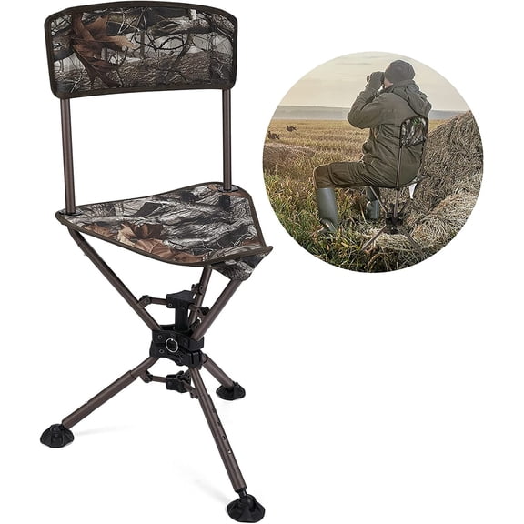KEMIMOTO 360° Camo Tripod Swivel Hunting Chair w/ Backrest Blind Chair Height Adjustable Fishing Camping Stool Chair for Outdoor
