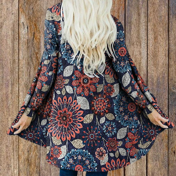 Puntoco Cárdigan de Manga Larga Suelto con Estampado de Flores étnico para Mujer Abrigo con Estampado geométrico Vintage Puntoco Puntoco-1