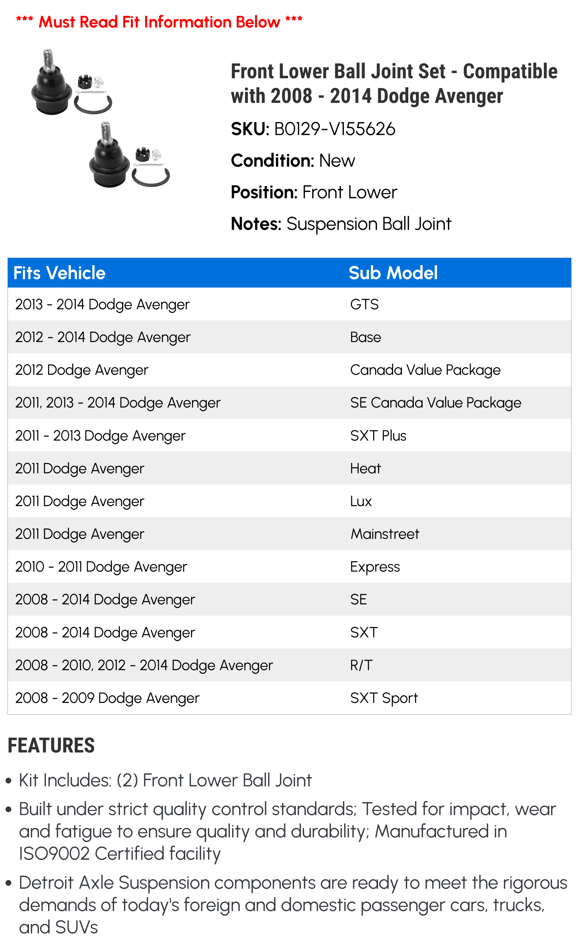 Front Lower Ball Joint Set - Compatible with 2008 - 2014 Dodge Avenger 2009 2010 2011 2012 2013