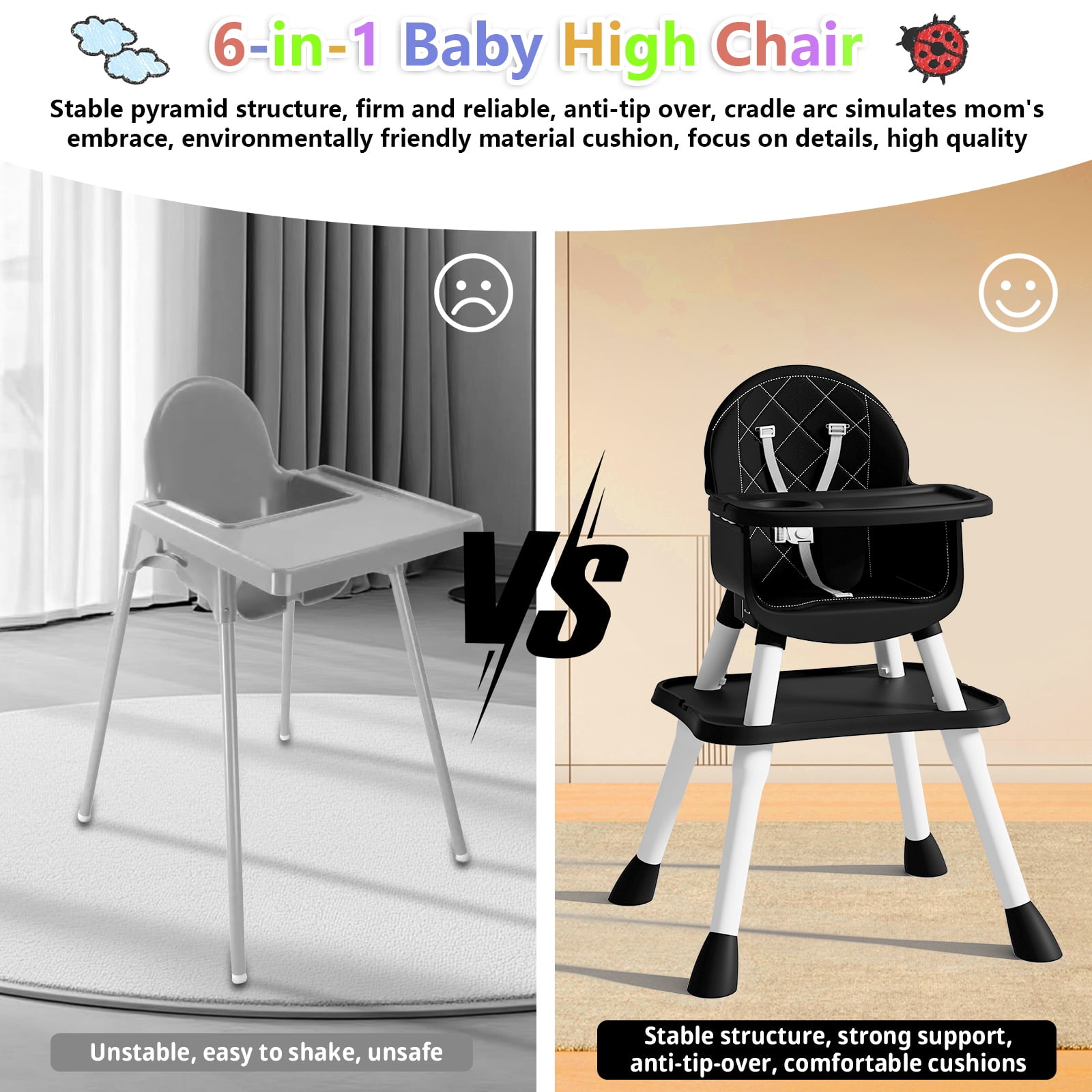 Baby High Chair 6 in 1 Convertible Highchair for Babies and Toddlers Booster Seat Floor Seat Function
