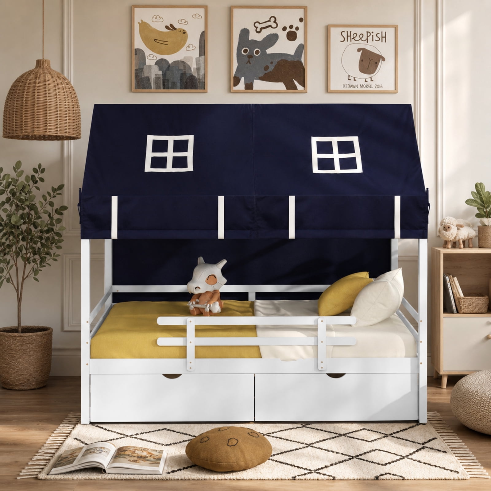 Furnibear Twin House Bed with Dustproof Tent 2 Large Storage Drawers Roll Up Curtains Rolling Casters Protective Fences and Solid Wood Frame, White