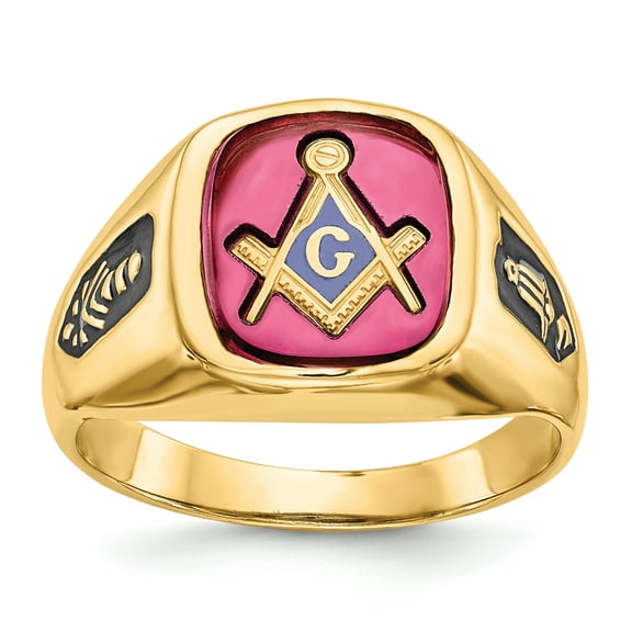 14k Men's Synthetic Ruby Masonic Ring