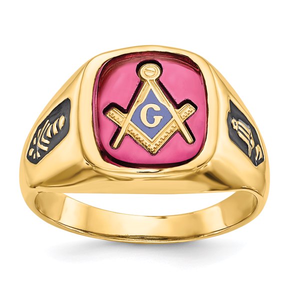 14K Yellow Gold Men's Synthetic Ruby Masonic Ring