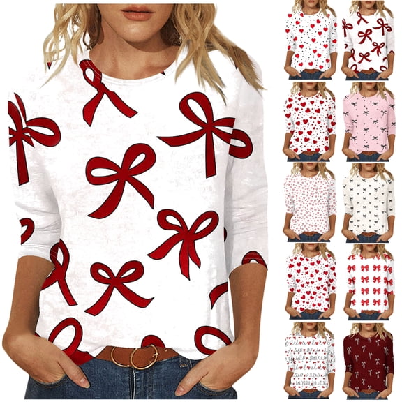 Feancey 3/4 Length Sleeve Womens T Shirts Cute Bow Printed Plus Size Tunic Tops Loose Fit Casual Three-Quarter Length Blouse Valentines Gifts for Women Wine M
