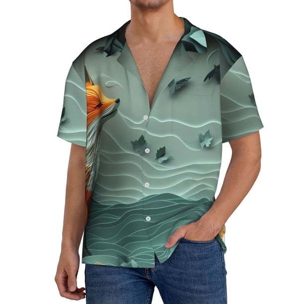 Balery Paper Fox Crow Fantasy Camisa Casual de Manga Corta con Botones para Hombre, Texturizada, Estilo Cubano, para Playa, Verano-3X-Large