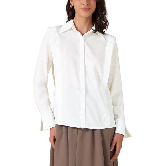 Camisas de Botón de Manga Larga para Mujeres Blusas de Chiffon Casual Tops de Trabajo con Cuello 2025 2XL Blanca
