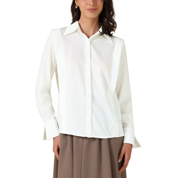 Camisas de Botón de Manga Larga para Mujeres Blusas de Chiffon Casual Tops de Trabajo con Cuello 2025 2XL Blanca