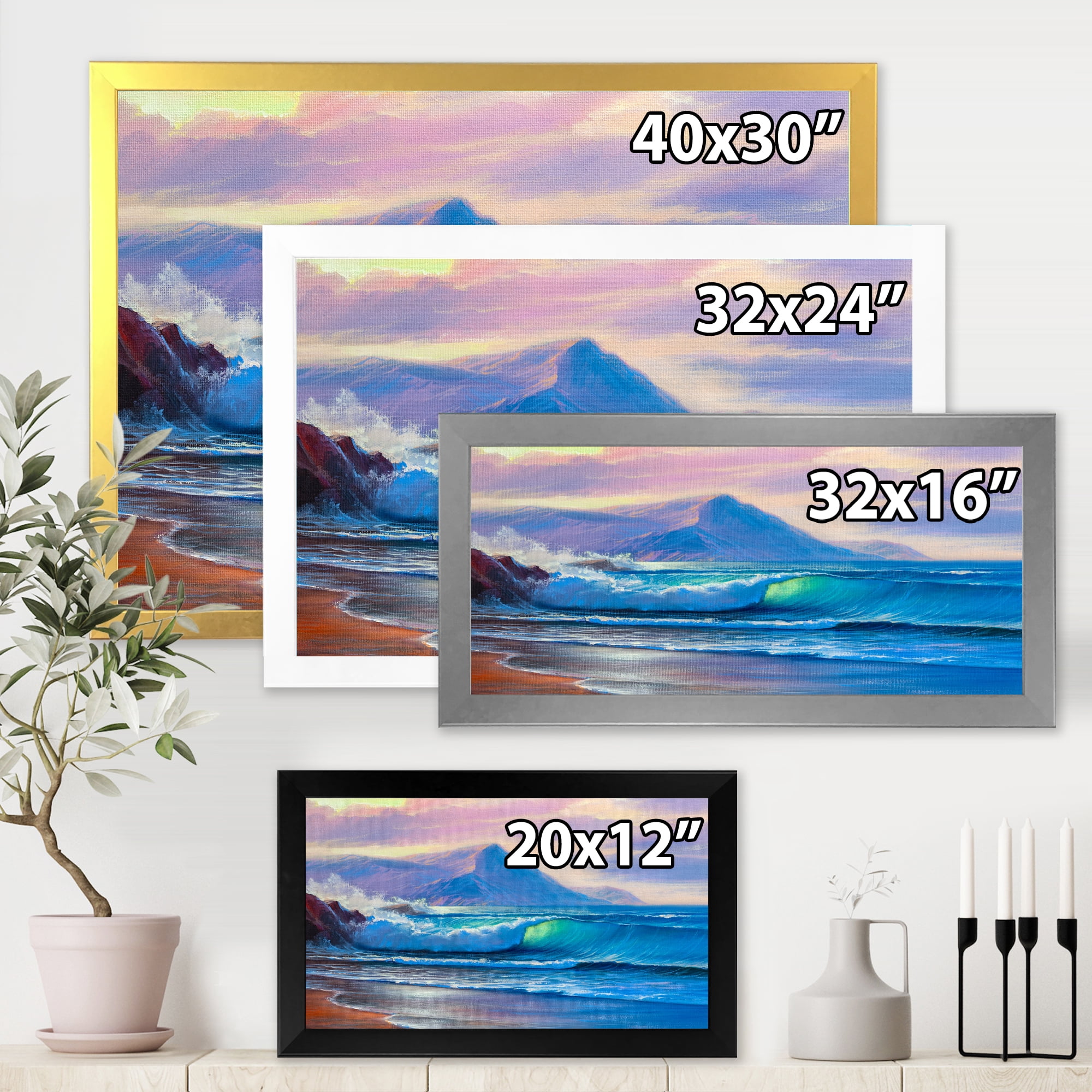 Designart 'Blue Waves Breaking At The Beach Landscape I' Nautical & Coastal Framed Art Print
