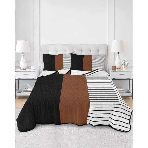 Quilts Twin Size, Black Brown Soft Comforter Bedding Set for Bed, Contemporary Striped Boho Art Lightweight Quilted Bedspread with Pillow Cover(2 Pieces) for All Season, 68x86 Inch
