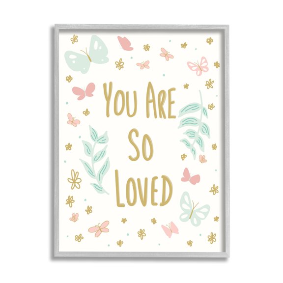 Stupell Industries You Are So Loved Varied Botanicals Butterflies Motif Graphic Art Gray Framed Art Print Wall Art, Design by Sweet Melody Designs