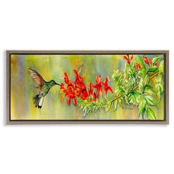 Stupell Industries Traditional Hummingbird & Red Lilies Brown Floating Frame Canvas Art, 25 x 11, by Christine Reichow