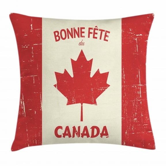 Canada Throw Pillow Cushion Cover, Happy Canada Day Concept Bonne Fete du Canada Quote on Grungy Flag Effect, Decorative Square Accent Pillow Case, 16 X 16 Inches, Vermilion and Ivory, by Ambesonne