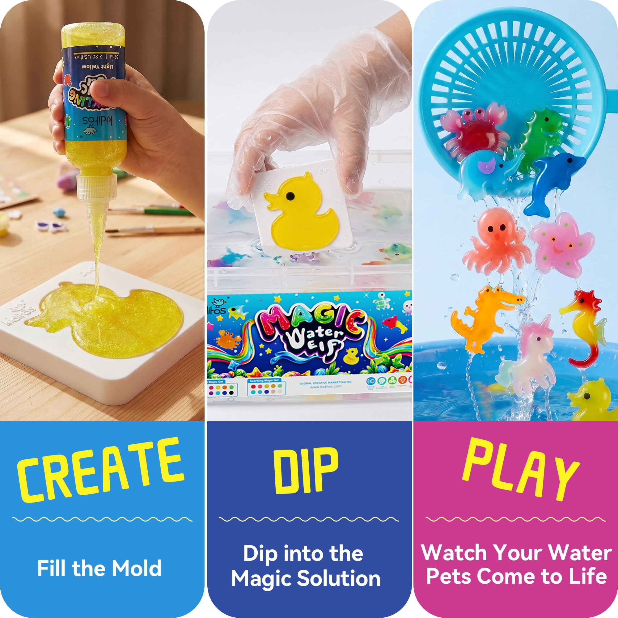 Kiditos Magic Water Elf Toy Kit, Aqua Fairy Water Gel Kit-20 Magic Gels &10 Molds–Make Your Own Water Pets&Squishy Toys–Creativity DIY Craft Kit,Birthday Gifts&Party Favors for Kids Ages 3+
