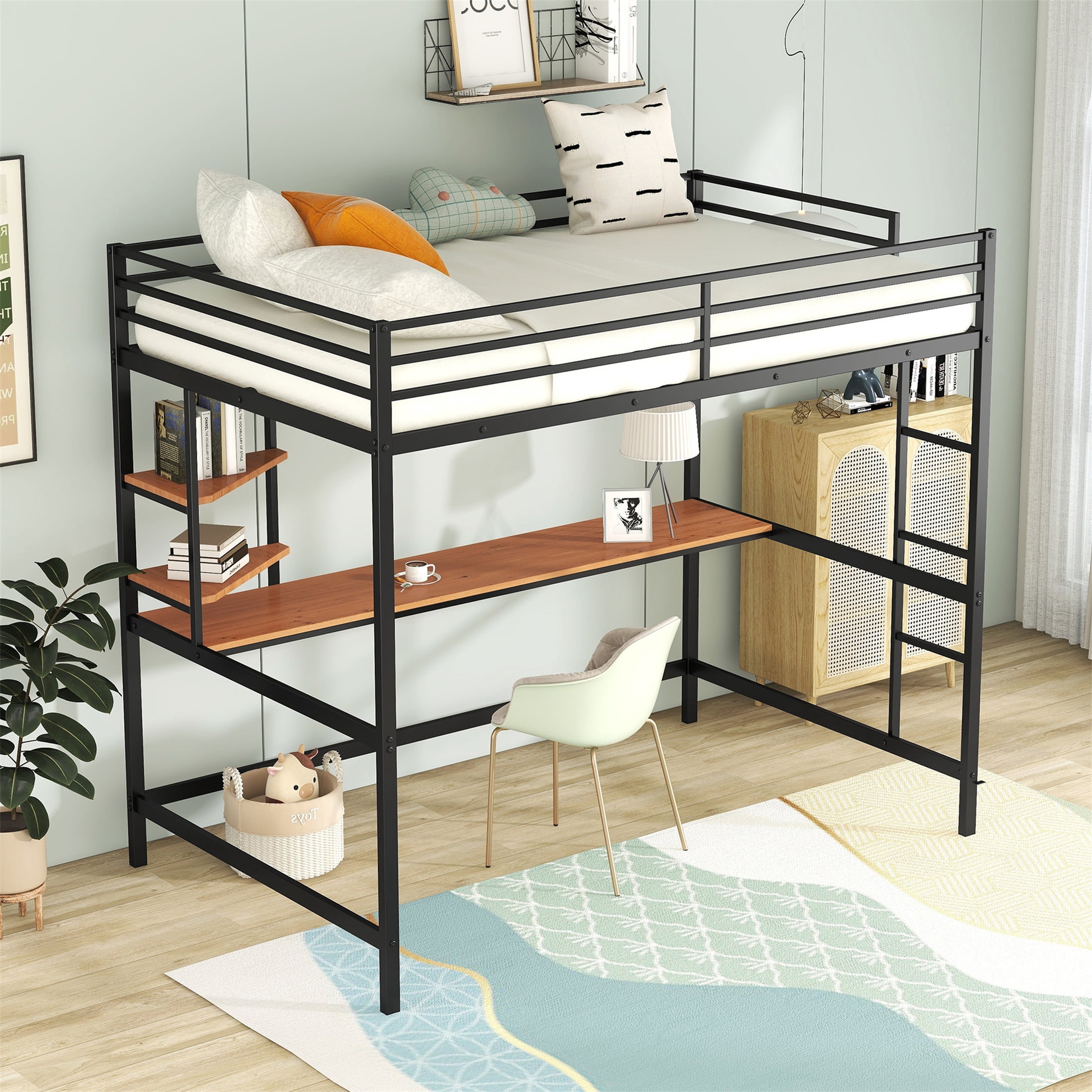 Aukfa Full Size Loft Bed with Desk and Shelves for Adults Teens, Heavy Duty Metal Bed Frame, Black