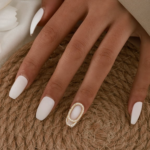 Womens Open Nail Rings, Geometric Diamond-Embedded Copper Rings, Electroplated Round and Oval Shaped Rings for Women