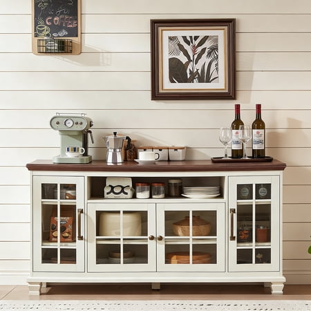 Buildhom 60 Farmhouse Sideboard with Glass Doors & Wood Legs Large Buffet Cabinet with Adjustable Shelves for Dining Room White