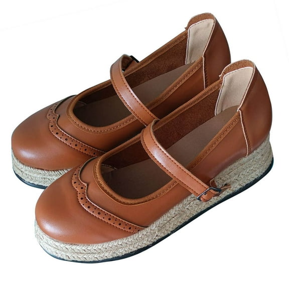 Xfvqtps Womens Espadrille Shoes Sloping Heels Thick Soles Waterproof Design Mary Jane Style Adjustable Strap Faux Leather Round Toe Casual Summer Footwear Brown