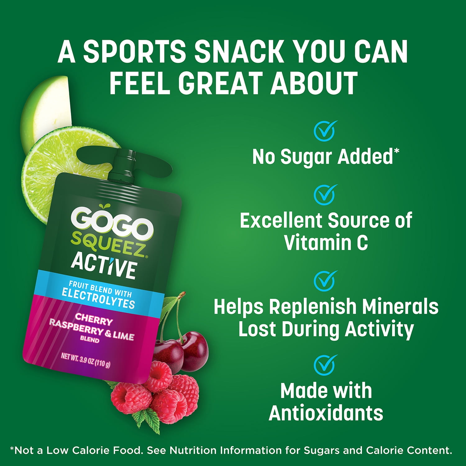 GoGo squeeZ Active Fruit Blend with Electrolytes, Cherry Raspberry Lime, 3.9 oz/10ct