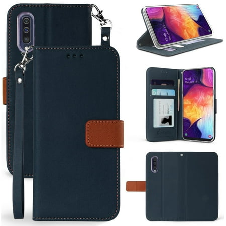 Galaxy A50 Case, Durable Infolio Wallet Cover with Credit Card ID Slot, View Stand, Magnetic Closure [Bonus Wrist Strap Lanyard] for Samsung Galaxy A50