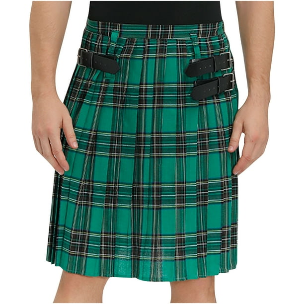 Mens Festival Pleated Skirt Irish Plaid Green Kilt Pleated Costume