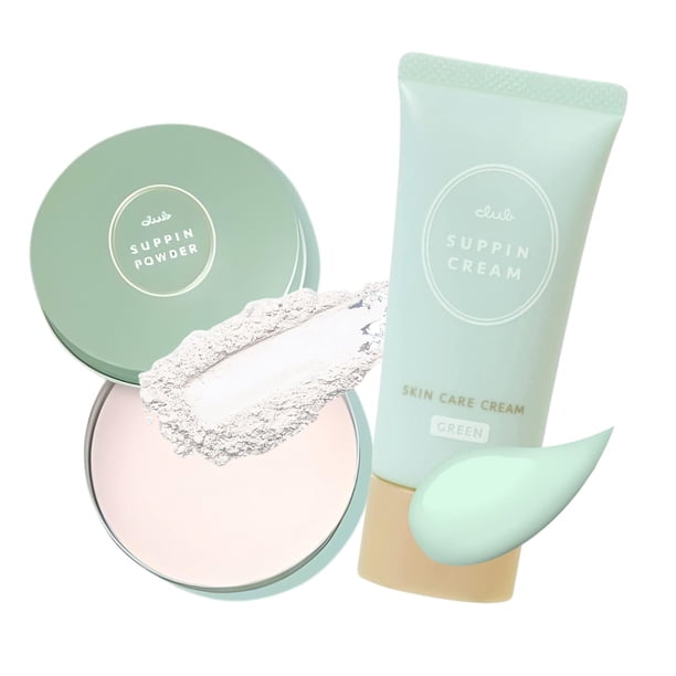 Polvo fijador translúcido y crema BB hidratante Club Suppin, polvo prensado translúcido y base de crema BB orgánica con manteca de karité, proteína vegetal y colágeno, ramo floral blanco