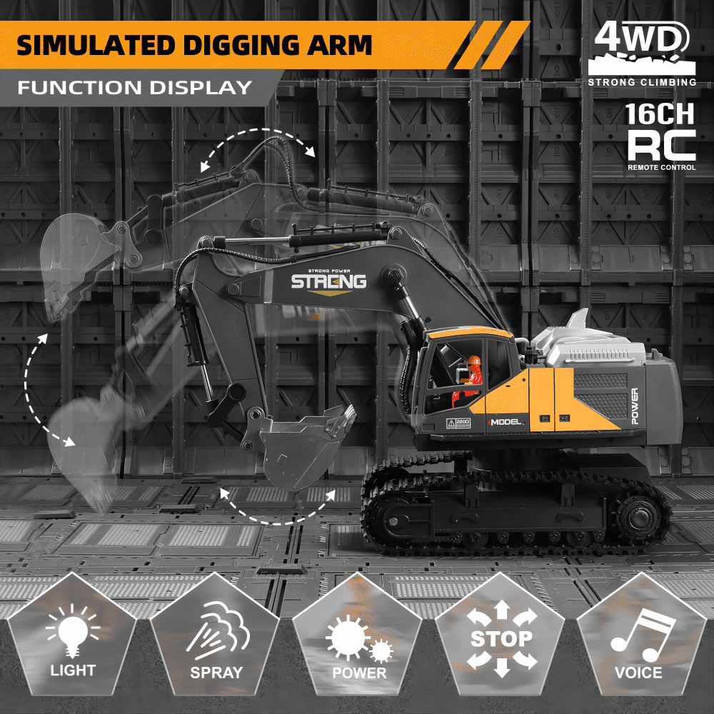 RC Excavator Toy for Boys, 16 Ch, 680 Degree, Simulate Smoke and Lighting, Remote Control Car Toys for Children, Christmas Gifts,2 Batteries