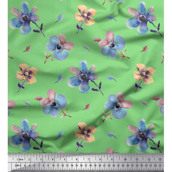 Soimoi Green Cotton Duck Fabric Flower Watercolor Printed Fabric 1 Yard 42 Inch Wide
