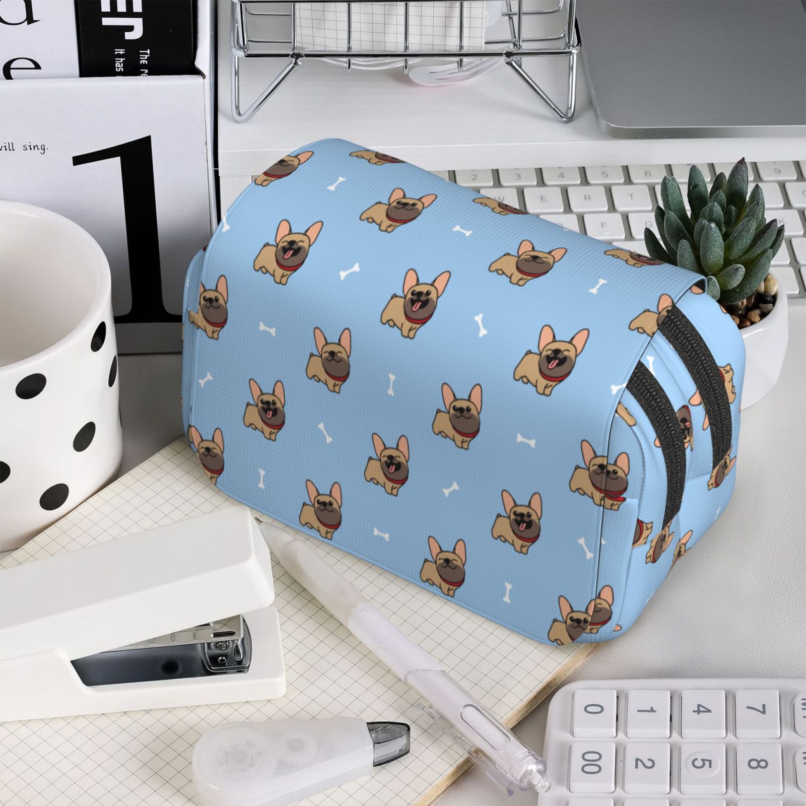 Rateoe Brown French Bulldog Pattern Double Clamshell Pen Case, Storage Organizer with Two Zipper Compartments– Holds Up to 50 Pencils & Pens