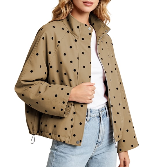 GUACER Womens Polka Dot Jackets Casual Waterproof Collared Zip Up Cropped Long Sleeve Outerwear with Pockets