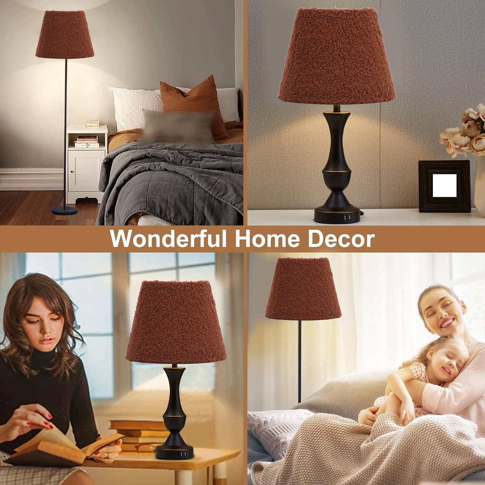 YAHHU Plush Cloth Lamp Shade Replacement Decorative Soft Comfortable Cone Round Lamp Shade for E27 E14 Table Lamp, Brown (6.7 inches / 17 cm)