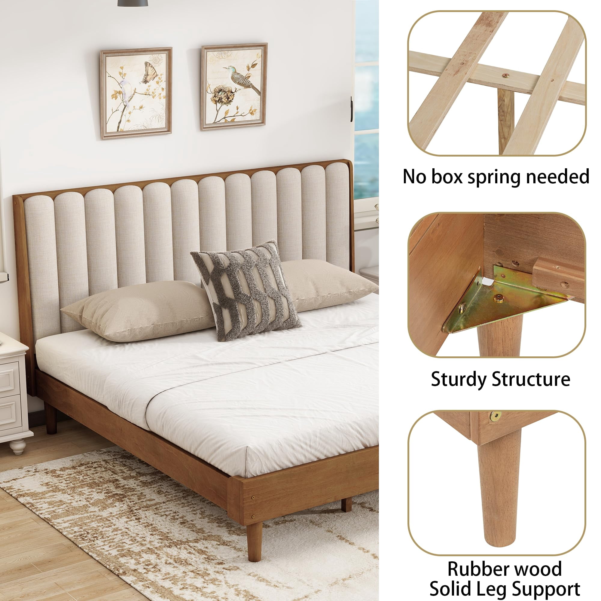 Wood King Size Bed Frame, Platform Bed King with Solid Rubber Wood Legs, Tall Upholstered Tufted Headboard, Wheat