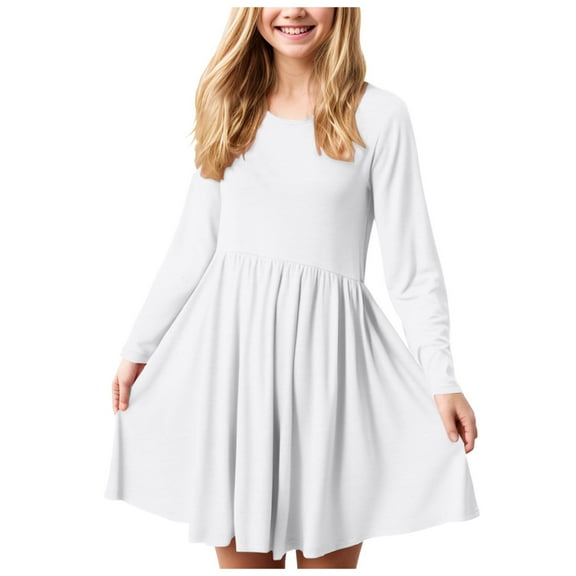 Gubotare Long Sleeve Dress for Girls Girls Long Sleeve Fall Dresses Round Neck Size 8-10(White,8-10 Years)