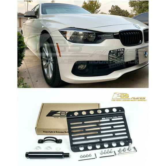 Extreme Online Store Replacement for 2016-2018 BMW F30 F31 3-Series Base Bumper Models | EOS Plate Version 1 Mid Sized Front Bumper Tow Hook License Plate Relocator Mount Bracket 